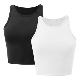 Women Sleeveless Cropped Tank Top High Neck Crop Racer Back Workout Top Machine Washable Summer S M L XL 2XL (Option: TankTopBlackWHTS)