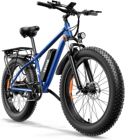 EB26 Electric Bike -1000W Single Motor, 48V 15AH, 45-55KM Range, 28MPH Speed, 26-Inch Fat Tires, Front Suspension,  Includes Freight (Option: Blue)
