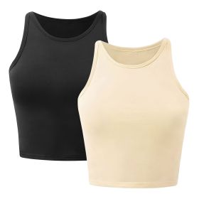 Women Sleeveless Cropped Tank Top High Neck Crop Racer Back Workout Top Machine Washable Summer S M L XL 2XL (Option: TankTopBlackKhak2XL)