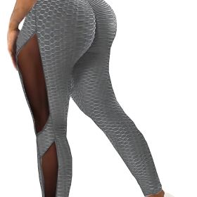 Honeycomb Mesh Contrast Leggings, Sporty Skinny High Waist Lifting Yoga Leggings, Women's Clothing (Color: GREY, size: M(6))