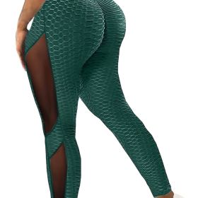 Honeycomb Mesh Contrast Leggings, Sporty Skinny High Waist Lifting Yoga Leggings, Women's Clothing (Color: GREEN, size: M(6))
