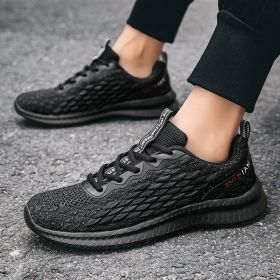 2024 new men's sports shoes flying woven leisure running shoes (Color: BLACK, size: 47)