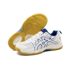 Men's and women's new fashion fashion comfortable badminton shoes anti-slip wear men's sports shoes table tennis shoes (Color: White and blue, size: 36)