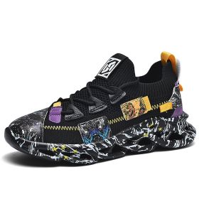 New men's ultra-light flying mesh elastic poly soft sole blade shoes ultra-light shock absorption running shoes leisure sports shoes (Color: BLACK, size: 46)