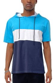 SOLID COLOR BLOCK SHORT SLEEVE HOODIE (Color: LIGHTBLUE WHITE NAVY, size: XL)