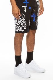 Weiv Mens Chrome Cross Skull Shorts (Color: BLACK BLUE, size: 2XL)